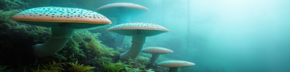 A group of mushrooms are growing in the water. The mushrooms are green and white. The water is blue and the sky is in the background