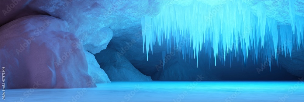 Poster a blue cave with ice formations hanging from the ceiling. the cave is empty and the ice formations a