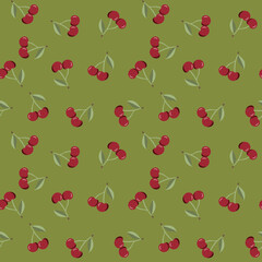 Seamless pattern with red cherry fruit with green leaves. Red cherries repeating background. Summer fruit print. Perfect for packaging, wallpaper, fabric, wrapping, stationery, scrapbooking projects.