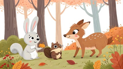 Fototapeta premium Cute Woodland Animals in Forest Illustration, Adorable Wildlife Art for Kids and Nature Lovers
