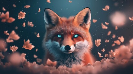 Fototapeta premium A captivating fox portrait with enchanting blue eyes, surrounded by swirling pink petals, showcasing nature's beauty and grace.
