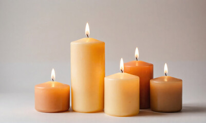 Five candles are lit and burning in a row on a white surface