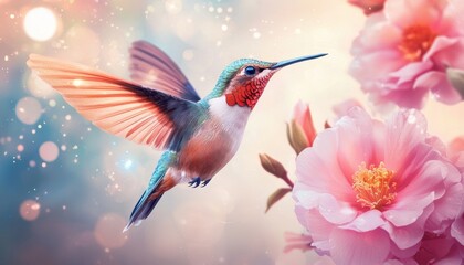Fototapeta premium A colorful hummingbird gracefully hovers near vibrant flowers, capturing the essence of nature's beauty and harmony.