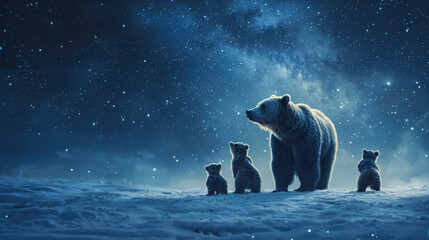 Ai generated illustration of a bear family under a starry night at night in the winter