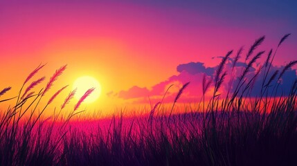 Sunset Over Grassy Field