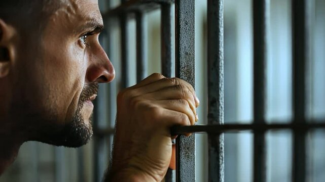 A male prisoner is looking out of a cell window. He felt anxious.