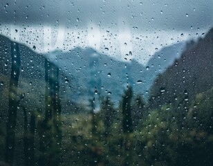 Misty rainy mountain landscape viewed through wet window glass. 