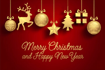 Red background with golden Christmas ornaments, Merry Christmas in cursive