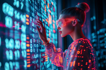Sideview Woman in futuristic glasses standing in Front of Big holographic Digital Screen with AI Neural Network 3D Visualization. Professional Data Scientists Activating Artificial Inteligence System.