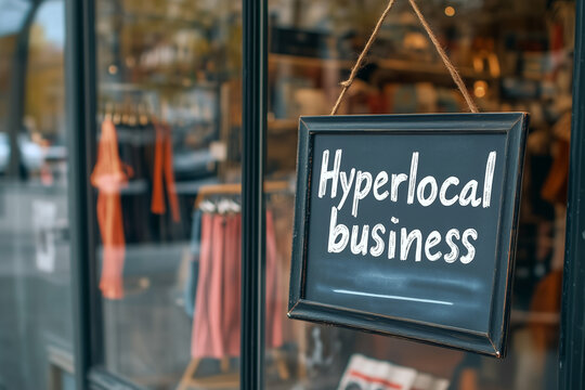 Chalkboard sign with handwriting text Hyperlocal business hangs prominently on glass showcase outside market , inviting customers to explore colorful clothing displayed inside the shop. Support local
