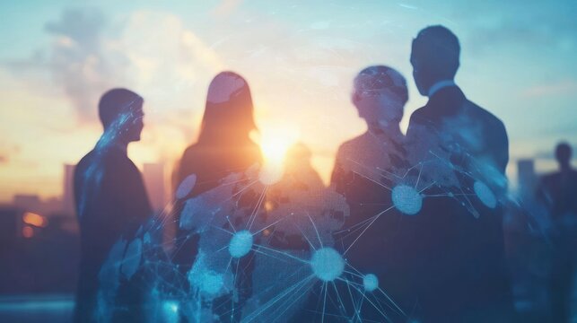 Silhouette of business people standing on a rooftop at sunset with a global network overlay.