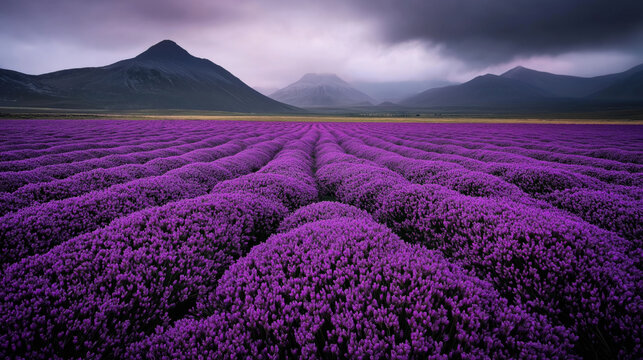 Expansive field of vibrant purple flowers with rolling patterns beneath dark, cloudy sky and mountainous background landscape in the distance