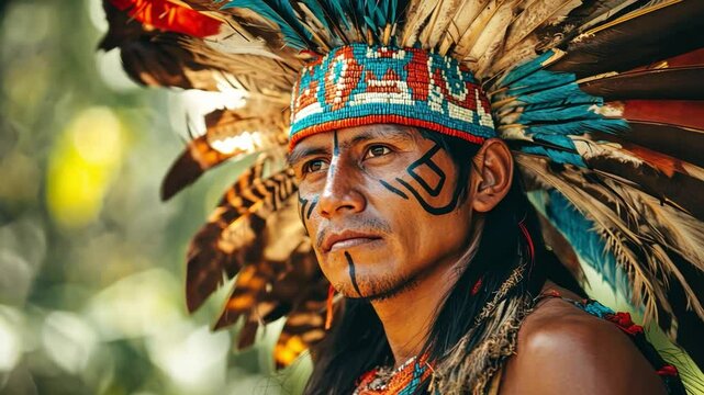 A latin american tribal man Wear colorful Indian headdresses and face paint. The man wore a blue and red headdress with feathers.