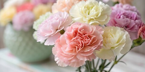 Fototapeta premium Delicate bouquet of pink and yellow carnations in soft lighting.