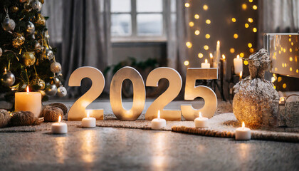 Happy New Year concept with 2025 number, candles and decorated Christmas tree, holiday background