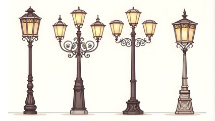 Retro Street Lamp Lights Set, Vintage Lantern Design
