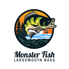 Largemouth bass jumping in wilderness lake at sunset logo