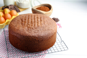 Tasty chocolate sponge cake and ingredients on white wooden table, closeup
