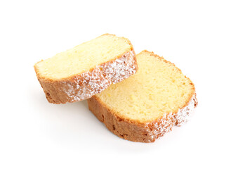 Slices of freshly baked sponge cake isolated on white