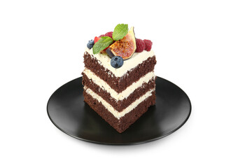 Piece of delicious chocolate sponge cake with berries isolated on white