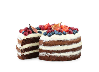 Cut delicious chocolate sponge cake with berries isolated on white