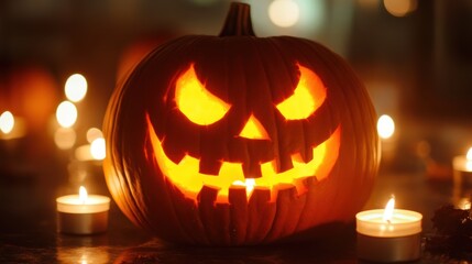 Fototapeta premium A Glowing Jack-o'-lantern Lit by Candlelight