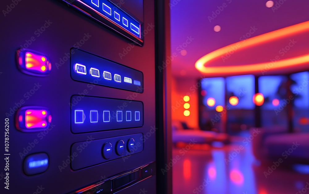 Poster a modern control panel with illuminated buttons in a stylish interior setting.