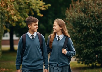 Teen boy and girl in school uniform walking and talking outdoors