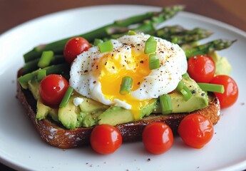 Delicious Avocado Toast with Poached Egg, Asparagus & Tomatoes