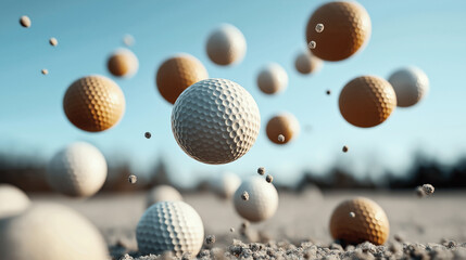 Close-up of multiple golf balls, both white and brown, floating in air above a sandy surface, with a blurred background and clear blue sky.