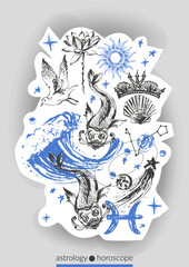 Hand drawn pisces zodiac sign illustration, horoscope background with astrology symbols and talismans