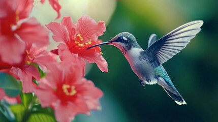 Naklejka premium Hummingbird in Flight, Feeding on Red Flower