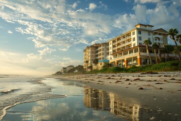 Fototapeta premium Beachfront Hotel with Coastal Architecture at Sunset
