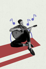 Fototapeta premium Vertical photo collage of happy man performer hold acoustic guitar concert singer melody note music isolated on painted background