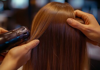 Naklejka premium Hairdresser Drying Long Brown Hair with Blow Dryer