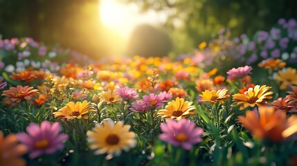 Obraz premium A vibrant field of flowers blooms under soft sunlight, creating a picturesque and serene atmosphere.