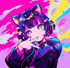 A girl anime-style character with cat ear headphones and multi-colored hair in neon colors. The pop-art style background