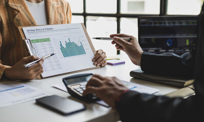 Meeting with a financial advisor and auditor are analyzing the financial figures in the business...