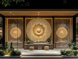 Modern hotel lobby with a wooden sculpture and plants.