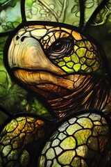 Close-up of a beautifully crafted stained glass depiction of a green turtle.