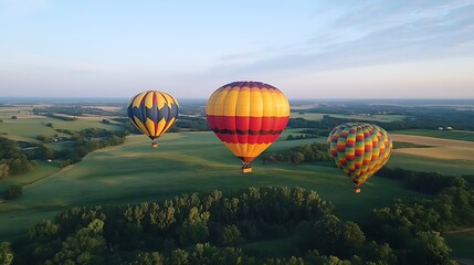 Naklejka premium Brightly colored hot air balloons floating above a scenic countryside