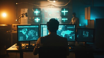 A hacker sits in front of multiple monitors, illuminated by a green glow, in a dimly lit room with another person standing behind him. He is looking at a world map on his computer screen.
