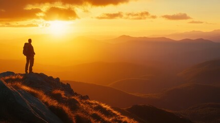 Silhouette of a Hiker at Sunset Over Mountain Range
