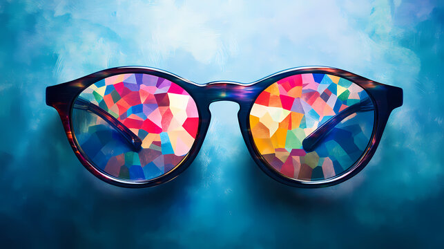 A pair of eyeglasses with lenses that reflect a kaleidoscope of colors, representing diverse perspectives and insights. Kaleidoscope. Illustration