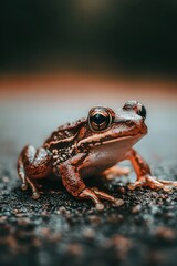 A close-up of a brown frog with white spots sitting on a dark surface.