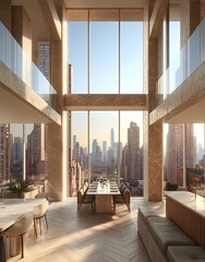 A modern interior featuring large windows with a city skyline view, designed for dining and leisure.