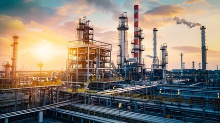 Obraz premium Industrial facility at sunset with smoke rising from chimneys and pipes in foreground and background