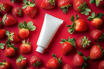 Mock up of White Hand Cream Tube on Red Flat Lay Background with Fresh Strawberries