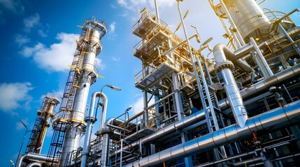 Industrial complex with towering structures and pipelines under a blue sky during daylight