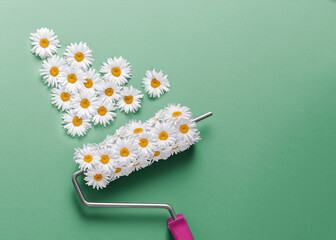 Creative concept: a paint roller with daisies instead of paint on a light green background, representing freshness, nature, and eco-friendly creativity